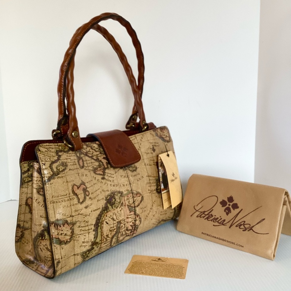Patricia Nash Rienzo European Map Leather Satchel Bag Brown P357414 NWT $249